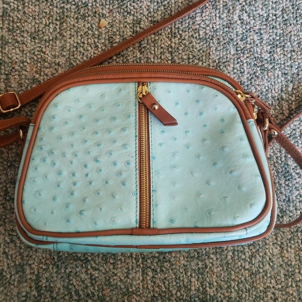 Valentina Leather Teal Blue Ostrich Crossbody Bag Shoulder Purse Made In Italy